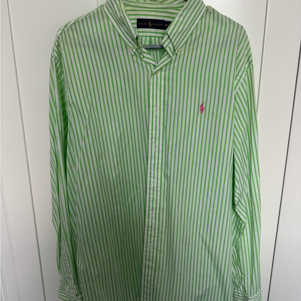 Ralph Lauren Green and White Striped Button-Down Shirt